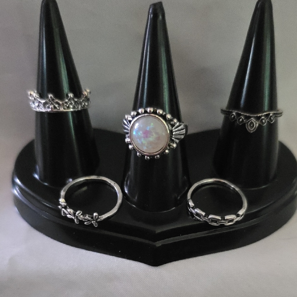 Elegant Silver Ring Set with Fashion Opal Centerpiece Size 5 & 5.5